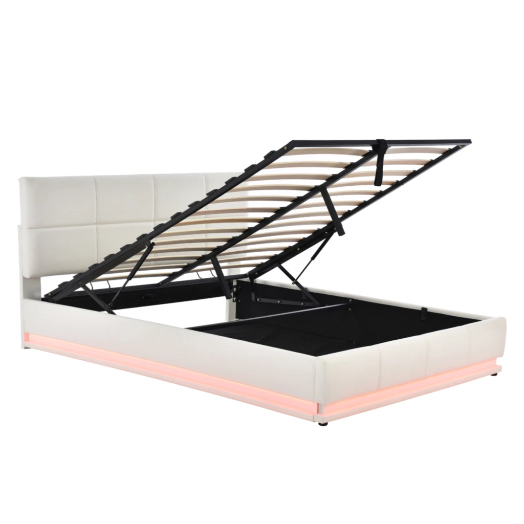 Letto Contenitore 160x200 cm Matrimoniale; LED e vano contenitore; in Pelle Bianca