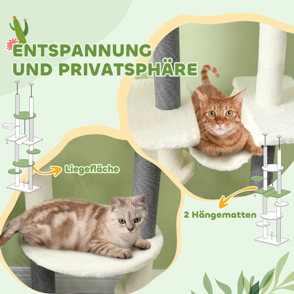 Albero tiragraffi per gatti regolabile con piattaforme e amaca ¨C zephmum ¨C Bianco 225-255 cm