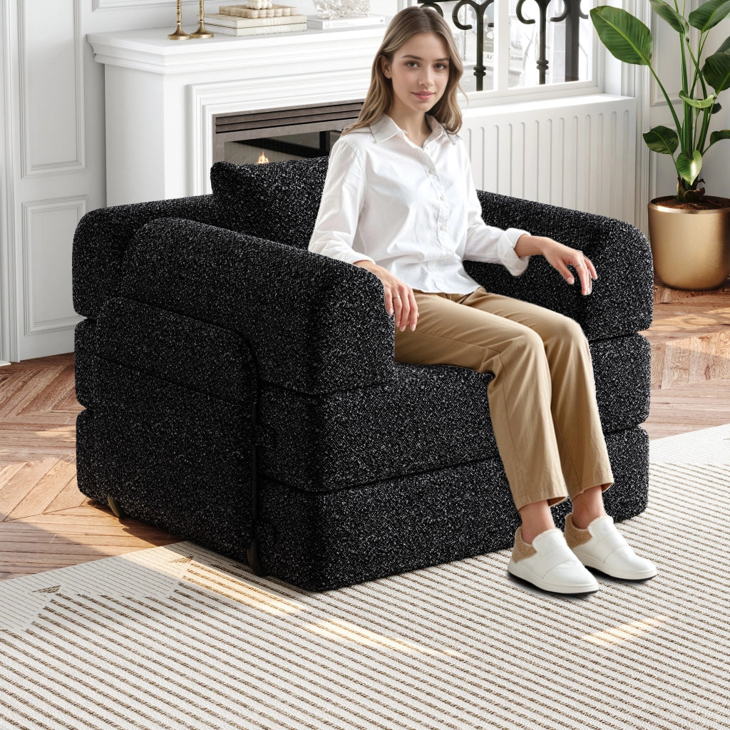 Divano letto monoposto modulare con contenitore nel bracciolo e struttura in acciaio in chenille nero