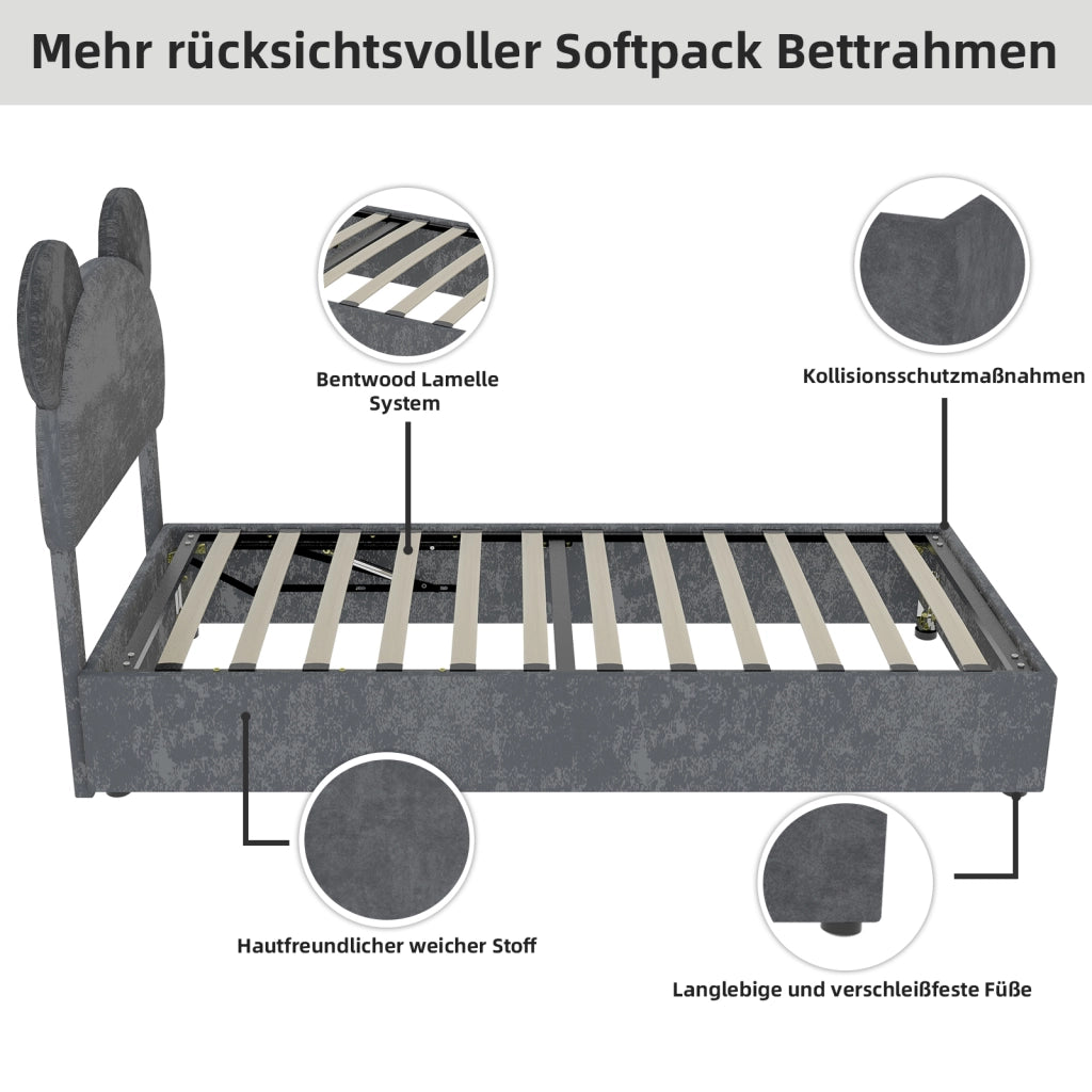 Letto Singolo 90x200 cm con Testiera Sagomata; Contenitore a Sollevamento; Grigio