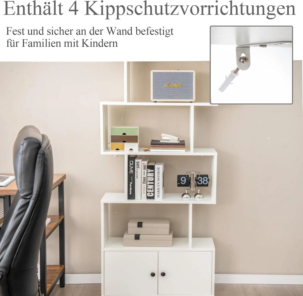 Scaffale Libri, 6 Livelli Ripiani con Ante, Minimalismo, Scaffale in Legno Industriale, Organizzatore di Libri, per Salone, Studio e Ufficio, 70 x 23 x 183 cm (Bianco)