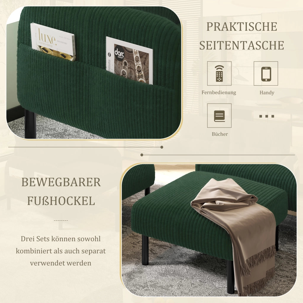 OKWISH Set da 3 Sedute con Divano 2 Posti, Poltrona e Poggiapiedi, Tasca Laterale, Velluto A Coste Verde Smeraldo