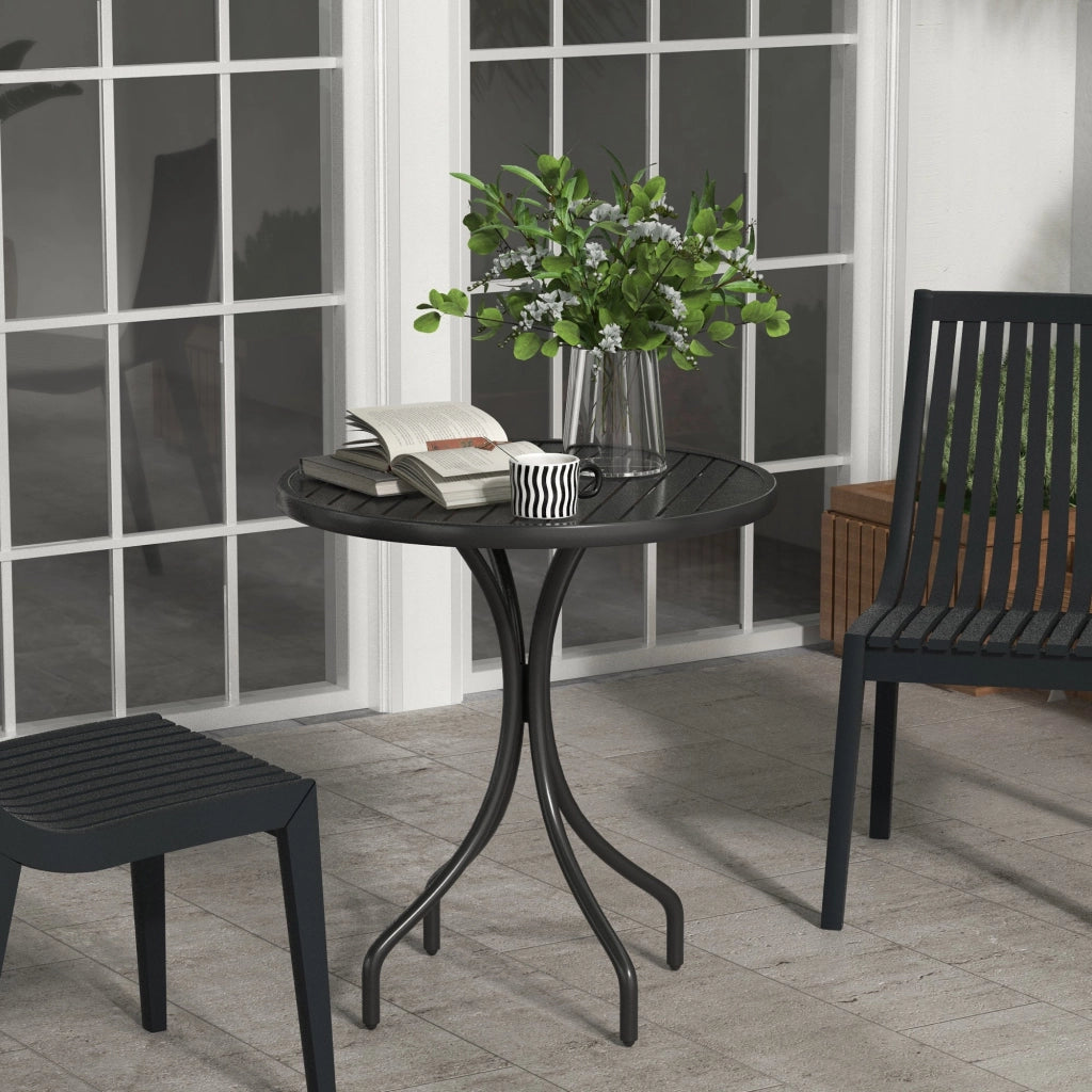 Tavolo da Giardino Rotondo Ø66x71,5 cm con Piano a Doghe in Acciaio Nero