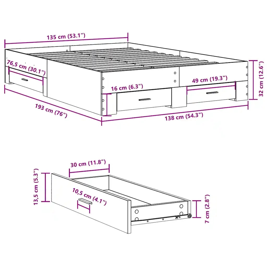 Letto matrimoniale | Letto per adulti | Giroletto con Cassetti Rovere Fumo 135x190 cm Legno Multistrato