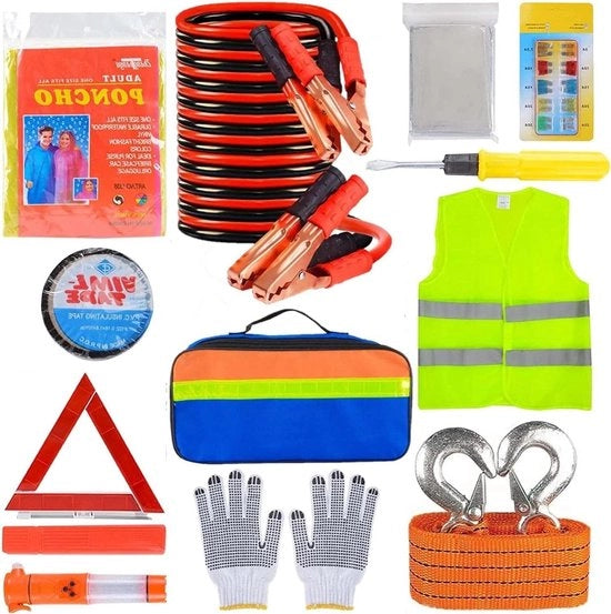 Kit di pronto soccorso auto - Kit di emergenza - Triangolo di sicurezza - Giacca di sicurezza - Cavo di collegamento per la sicurezza