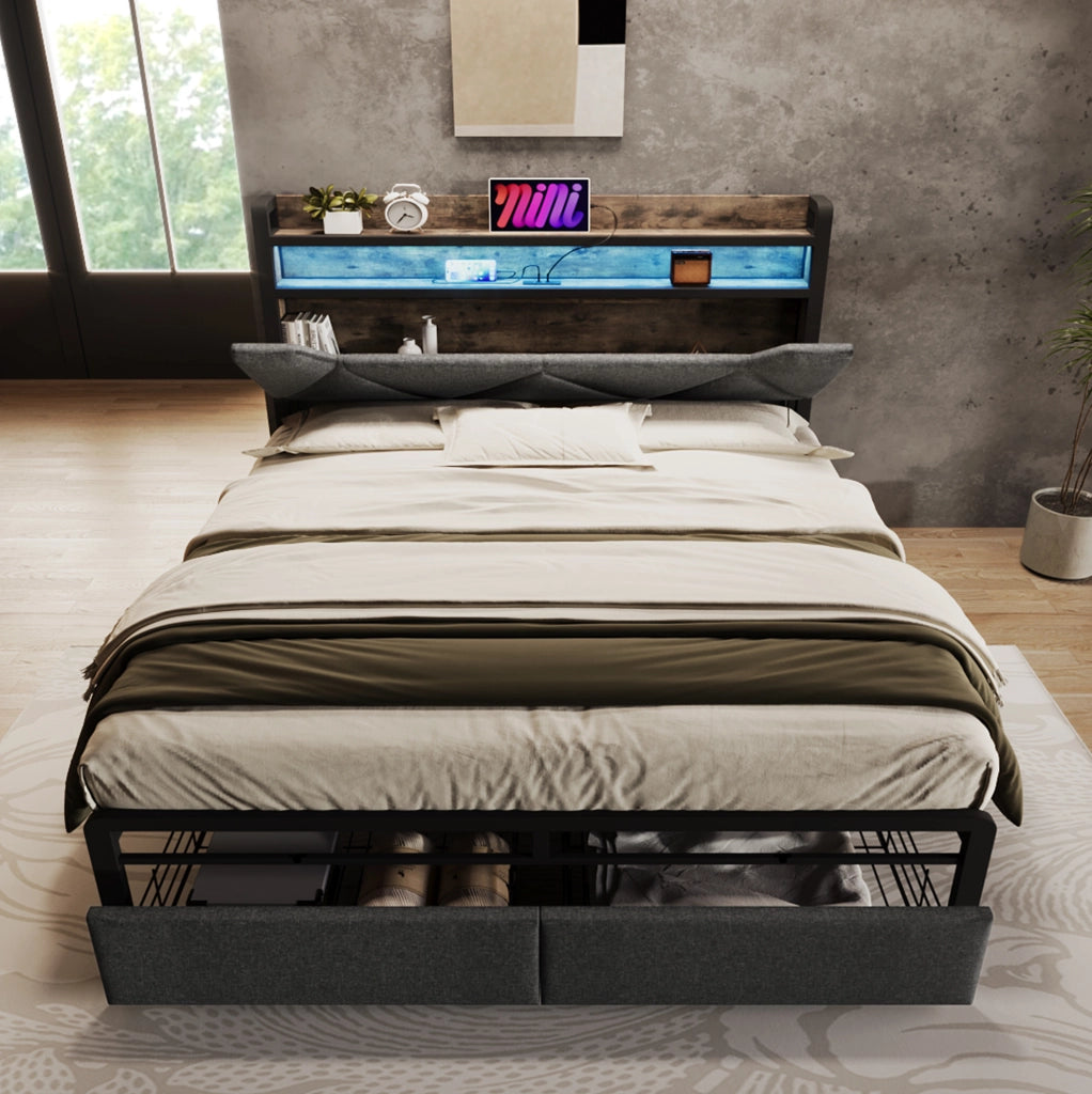 Letto matrimoniale 160x200 cm grigio in lino con testiera contenitore; LED e 2 cassetti