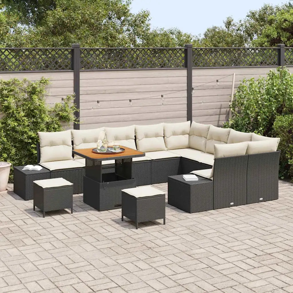 Set Divano da Giardino con cuscino 12 pcs Nero Poly Rattan