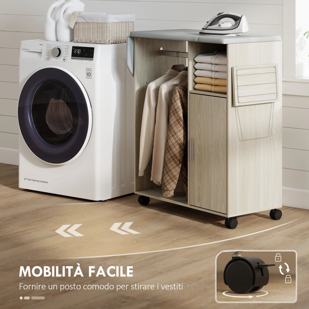Mobile Asse da Stiro in Effetto Lino Armadietto e Barra per Vestiti 127x42,5x99 cm Grigio e Color Legno