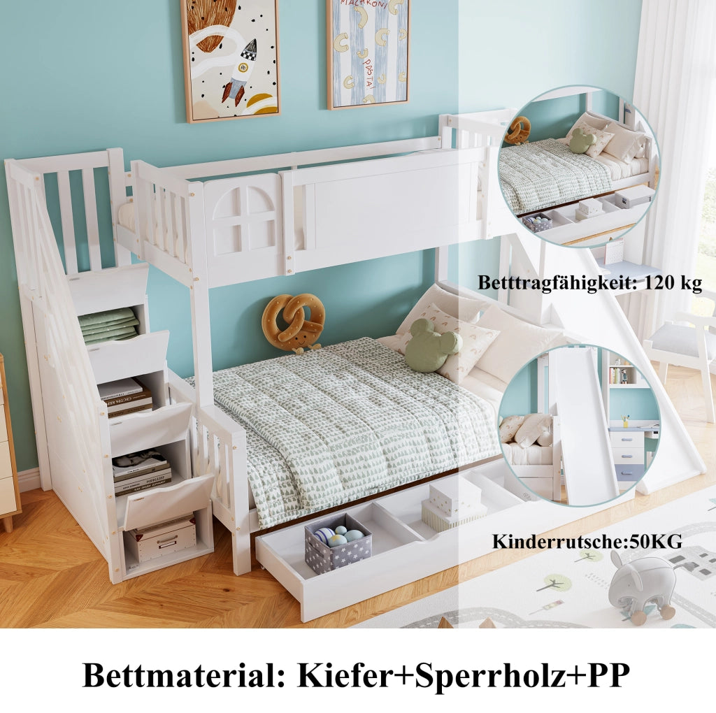 Letto a castello per bambini con scivolo e cassetto