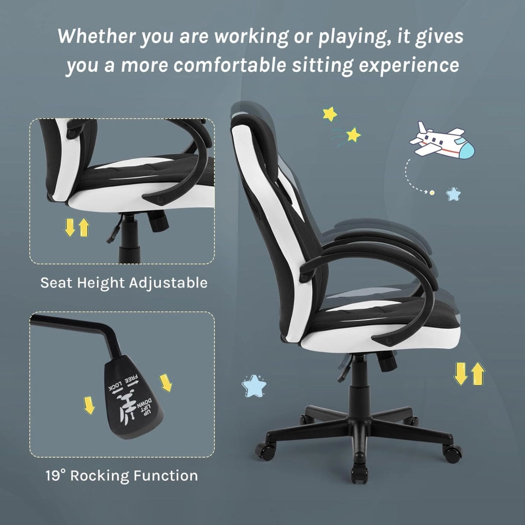 Sedia Gaming, Sedia per PC, Ergonomica con Tessuto Traspirante, Altezza Regolabile, Ruote, Schienale, Braccioli e Funzione Basculante, Nero+Bianco