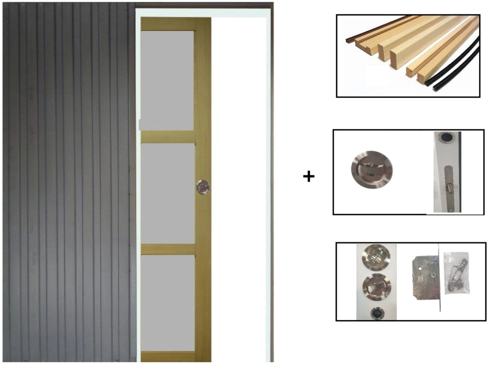 Porta Scorrevole Ayous 3 Ante Grigio RAL 7035 H204 x L83 + Sistema Pocket e kit finiture inclusi senza maniglia