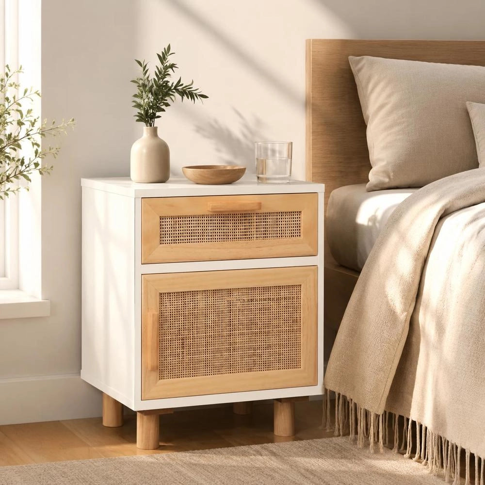 Bedside Table, White, Solid Pine Wood And Natural Rattan