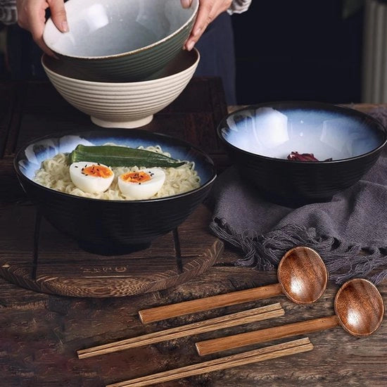 Set di Bowl di Cotto per Ramen - 2 pezzi - 1200 ml - Bowl per Ramen Giapponesi - Cucchiaio e Forchette da Cucina - Insalata di Minestra di Pasta