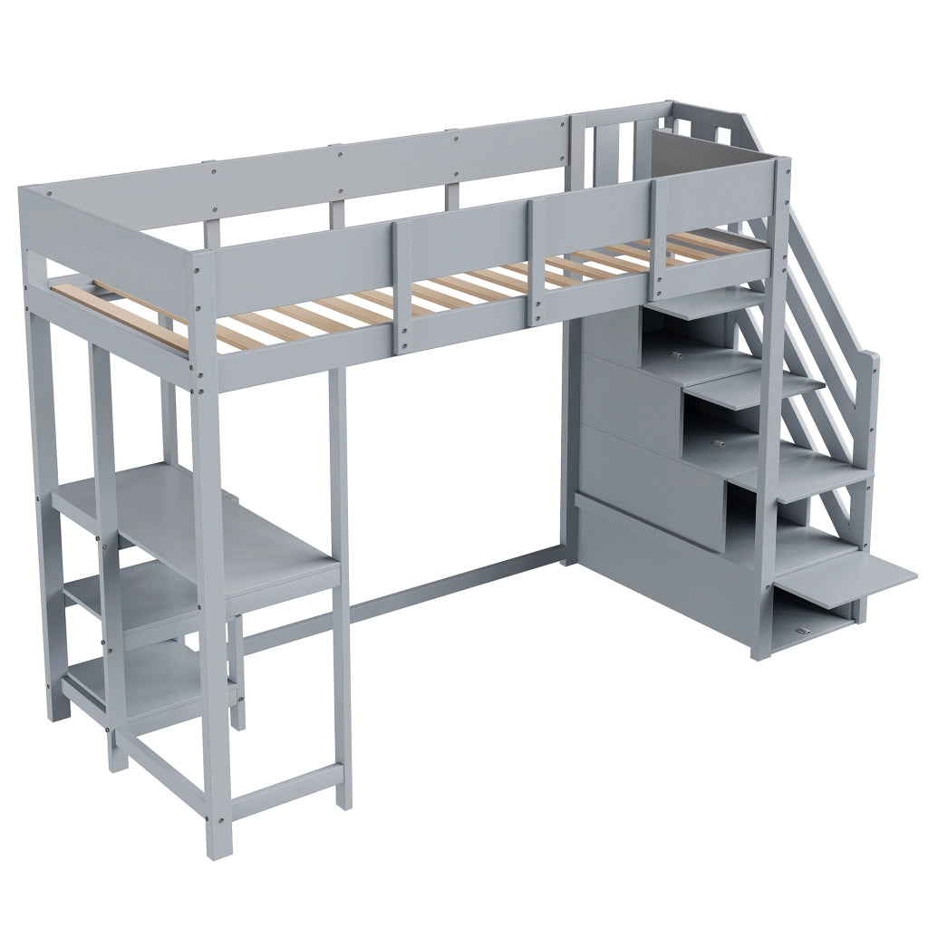 OKWISH Letto a Soppalco 90×200 cm, Letto Singolo con Scala Contenitore, Mensola integrata e Sponde, senza Materasso, Grigio