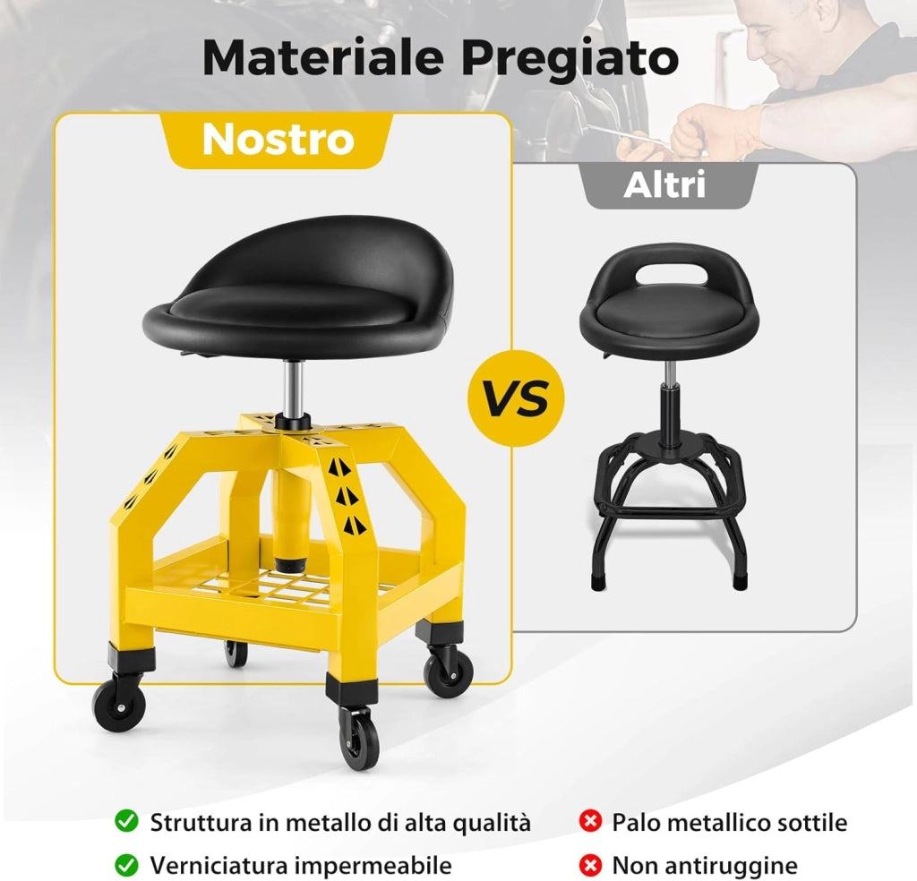 Sgabello da Officina, Sgabello Meccanico Rotante con Vassoio Porta Attrezzi, Regolabile in Altezza e 4 Ruote Universali, Capacità di 150 kg, per Garage, Officina (Giallo)