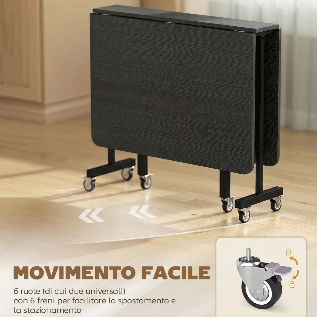 Tavolo Pieghevole per 4-6 Persone con 2 Ribalte e Ruote con Freno, 120x80x73 cm, Nero Effetto Legno