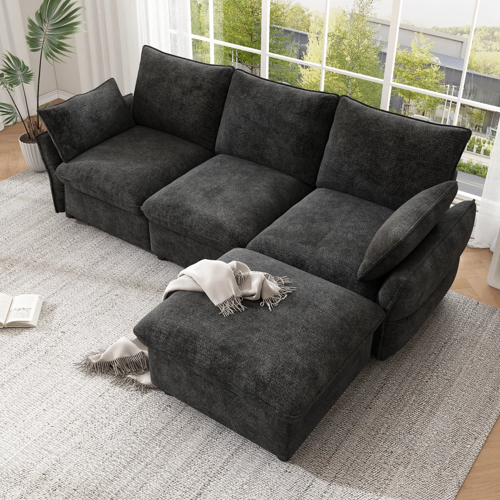 Divano angolare 3 posti con pouf e cuscini in chenille per soggiorno e salotto grigio scuro