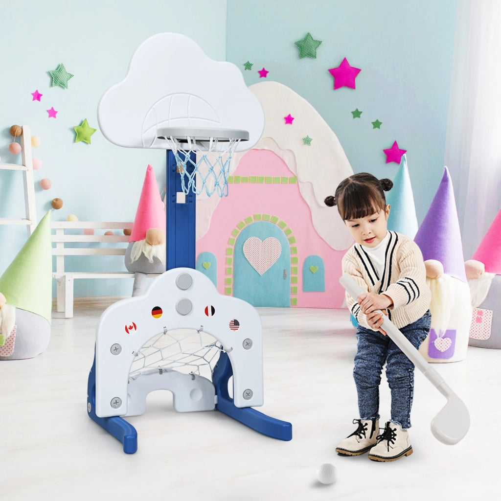 Canestro da basket 3 in 1 con 5 altezze regolabili, Canestro da basket e gioco del golf per bambini Bianco-Giocattoli sportivi
