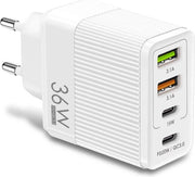 Caricabatterie 4-poro - 2 USB e 2 USB-C - Blocco di Ricarica - PD+QC - 35 Watt - Ricaricatore rapido - Per telefoni e altri dispositivi - Bianco