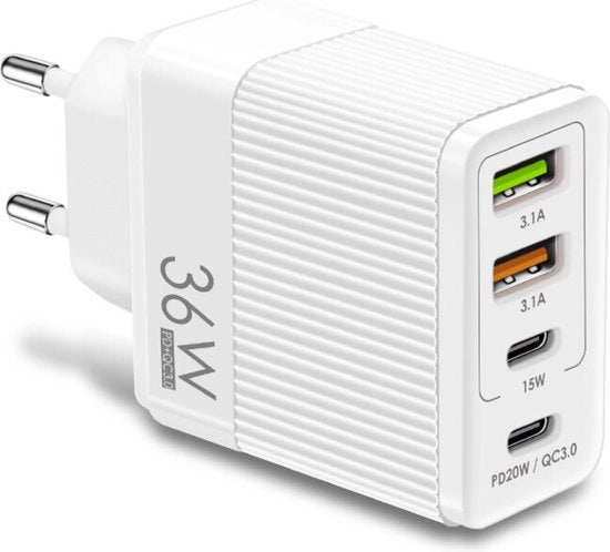 Caricabatterie 4-poro - 2 USB e 2 USB-C - Blocco di Ricarica - PD+QC - 35 Watt - Ricaricatore rapido - Per telefoni e altri dispositivi - Bianco