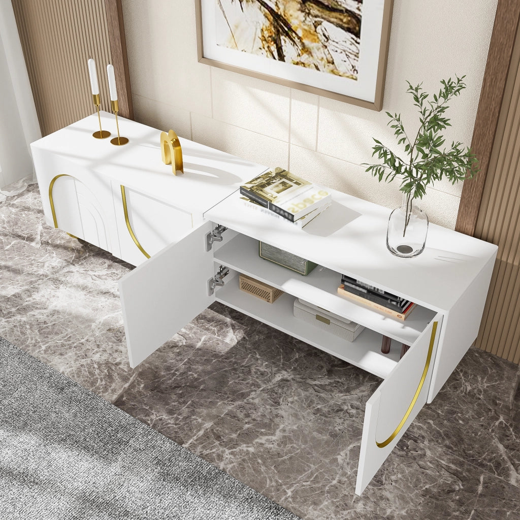 Mobile TV 170x38x44 cm; ante push-to-open con dettagli oro; pannello truciolare bianco