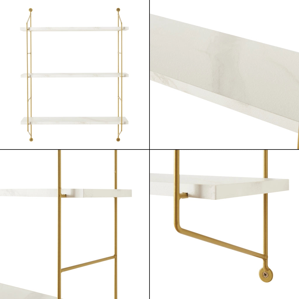 Scaffale da Parete Ösel a 3 Ripiani Regolabili 48 x 15 x 63.5 cm Effetto Marmo Bianco / Oro [en.casa]