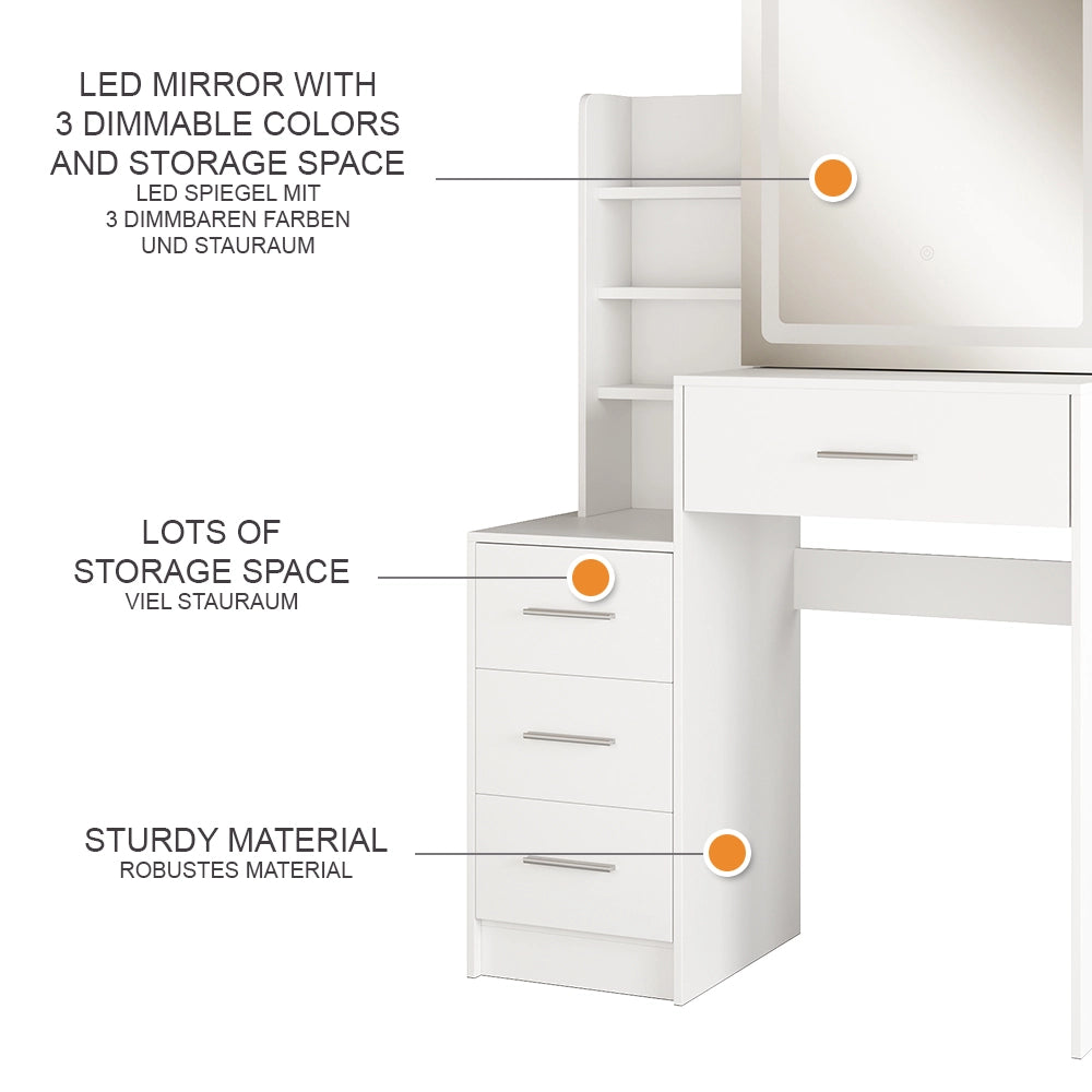 Vicco Tavolo da toilette Bianco 80 cm con specchio a LED