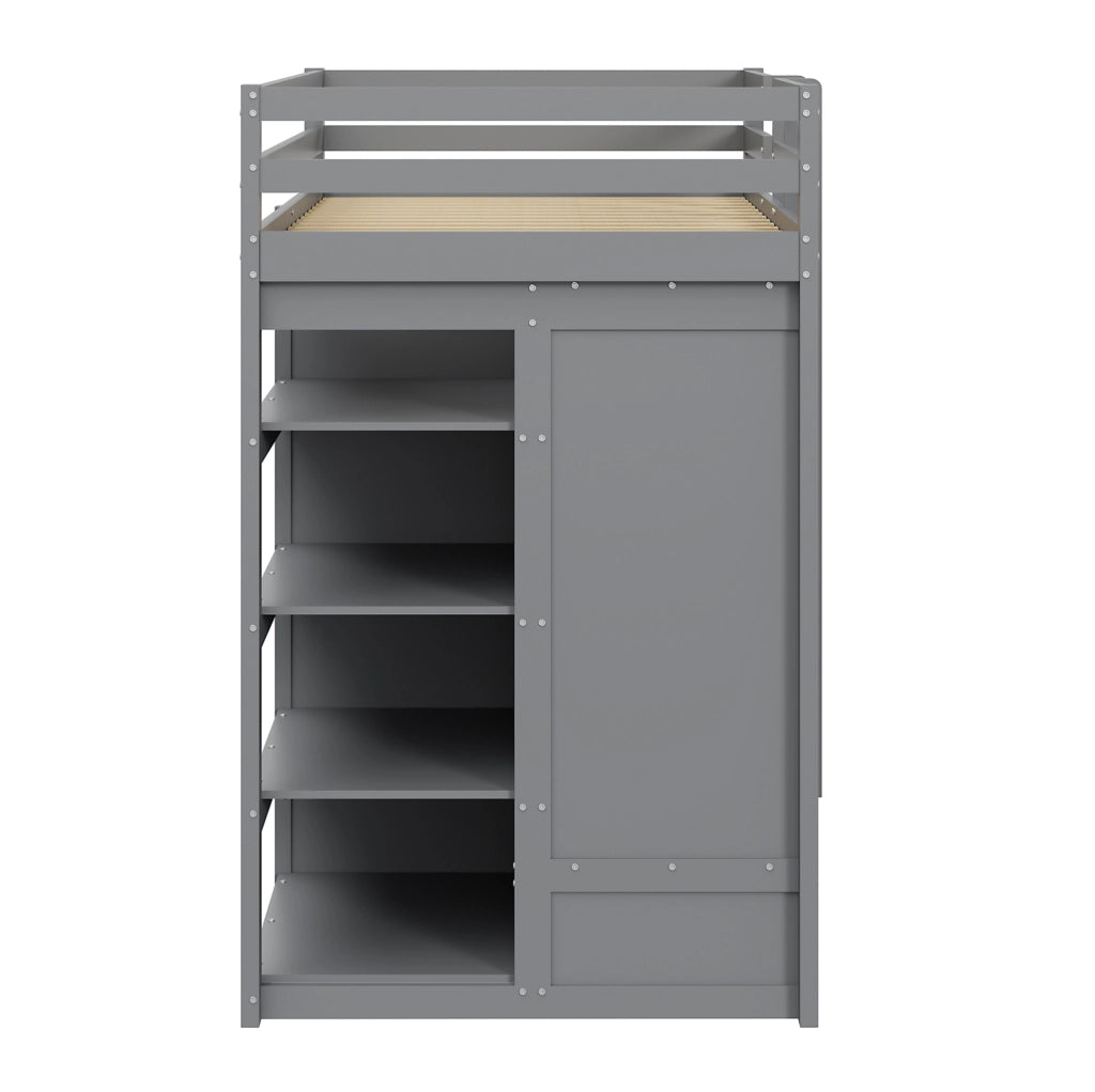 Letto a castello multifunzione 90x200 cm con letto estraibile; armadio e cassetti; in legno grigio