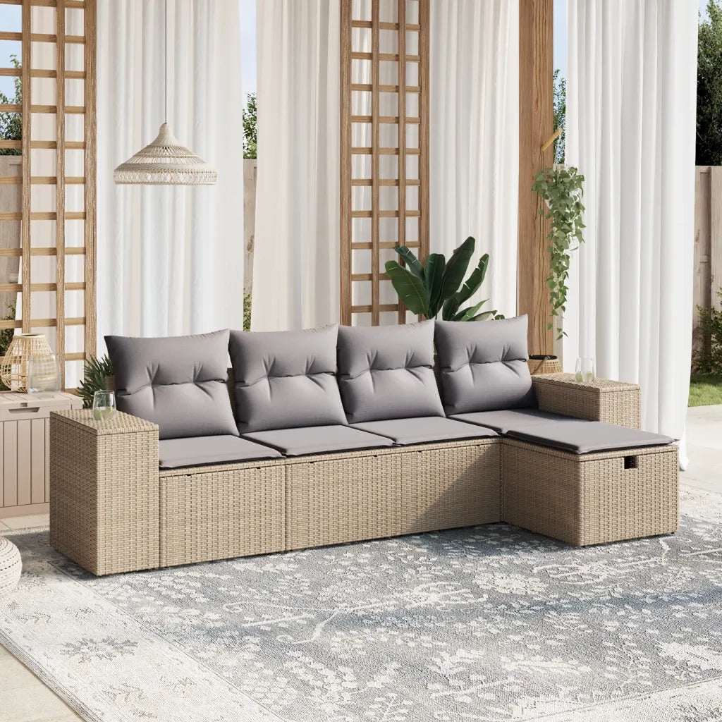 Set Divano da Giardino 5 pz | Set Salotto da Giardino con Cuscini Beige Misto Polyrattan