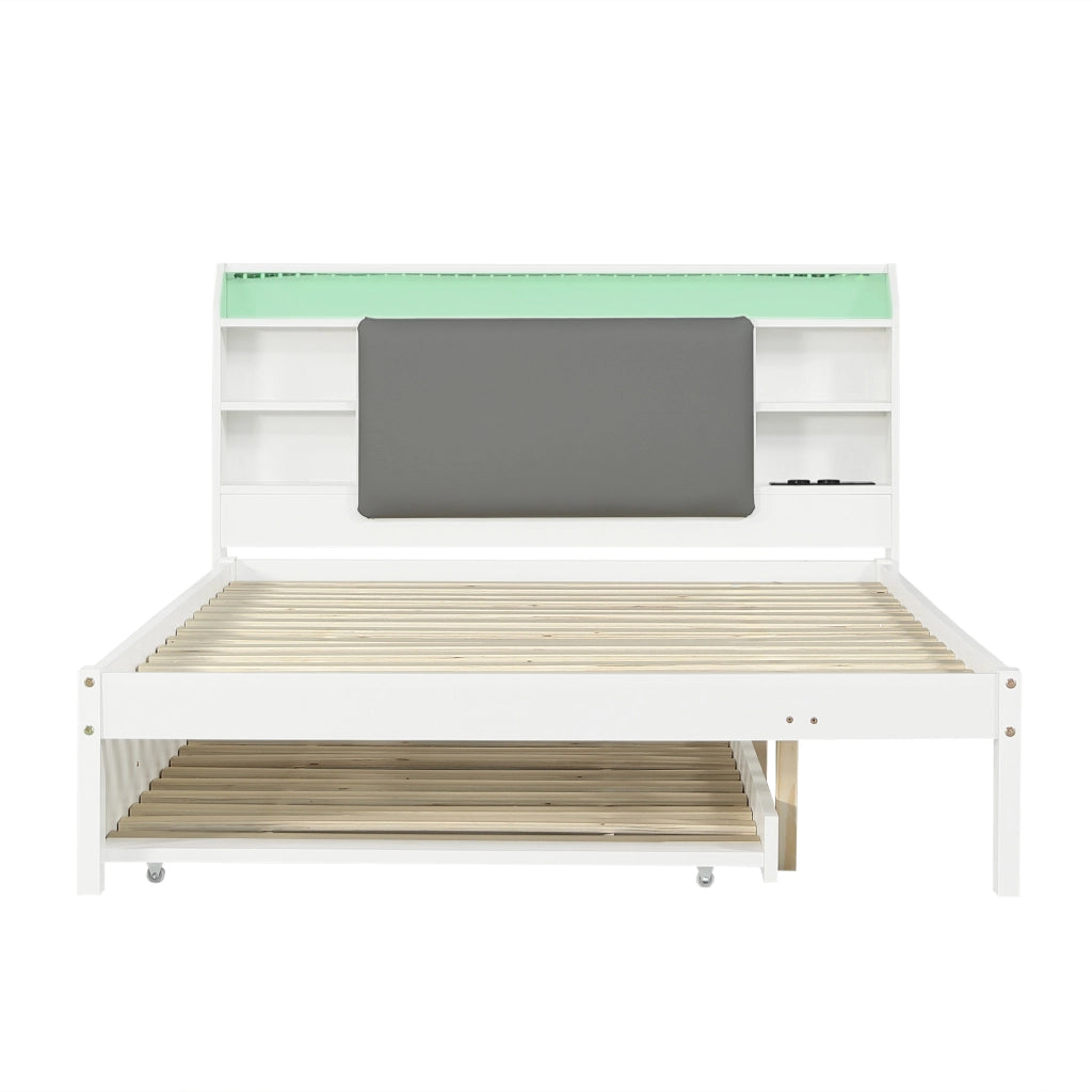 Letto in legno 120x200 cm, con letto estraibile 90x190 cm, testiera imbottita, luci a LED, ripiano portaoggetti, presa di ricarica, bianco