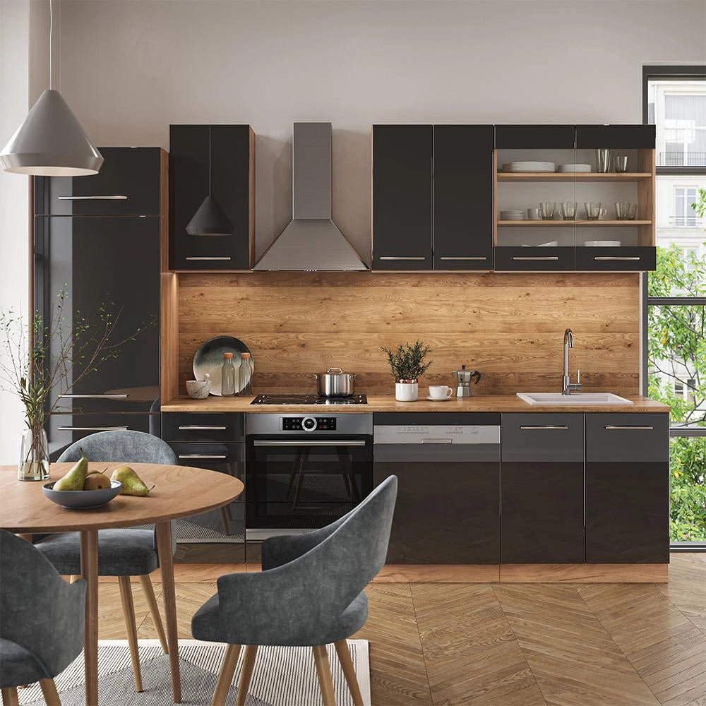 Cucina componibile Fame-Line Antracite lucido/Rovere dorato 300 cm senza piano di lavoro Vicco