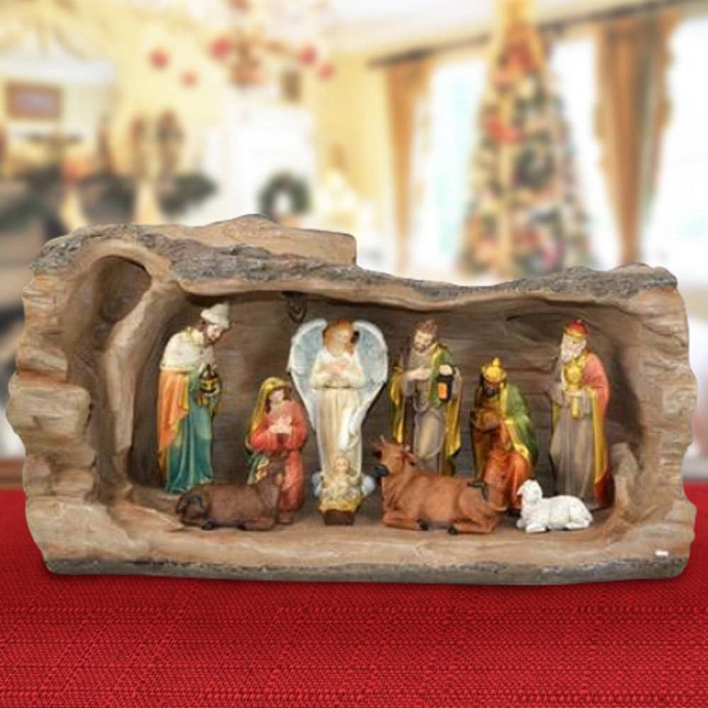 Trade Shop - Nativita' In Resina Scenario Tronco Albero Con Luce Calda Decorazioni Natalizie -