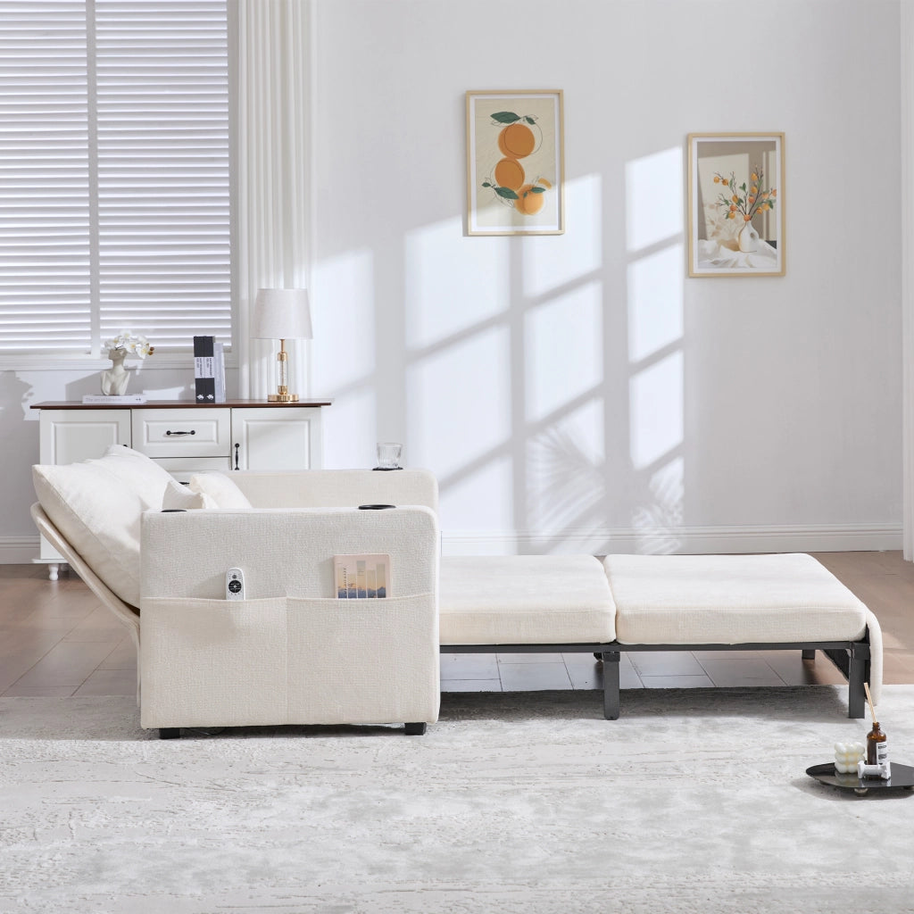 Divano letto pieghevole con tasche laterali e 4 cuscini in chenille beige
