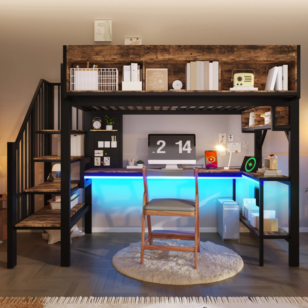 Letto a soppalco 90 × 200 cm con scrivania ad angolo, ripiani, LED e presa USB Type-C, senza materasso