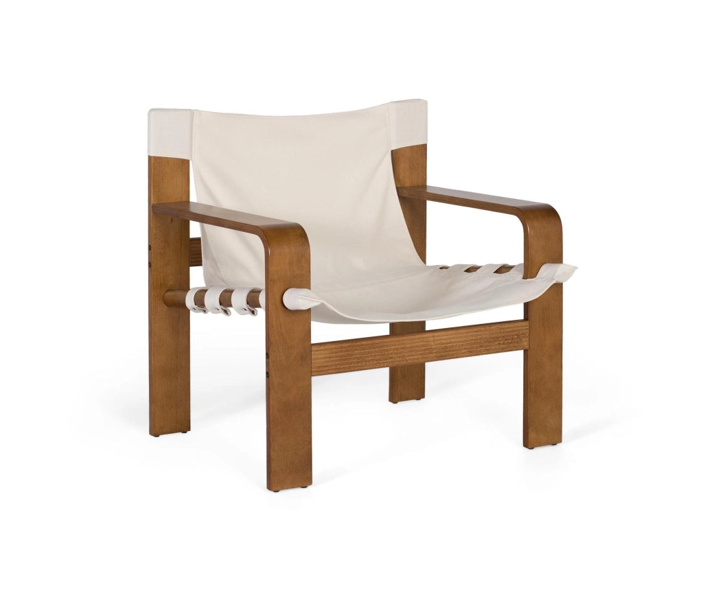 Poltrona moderna in legno di caucciù con tessuto beige