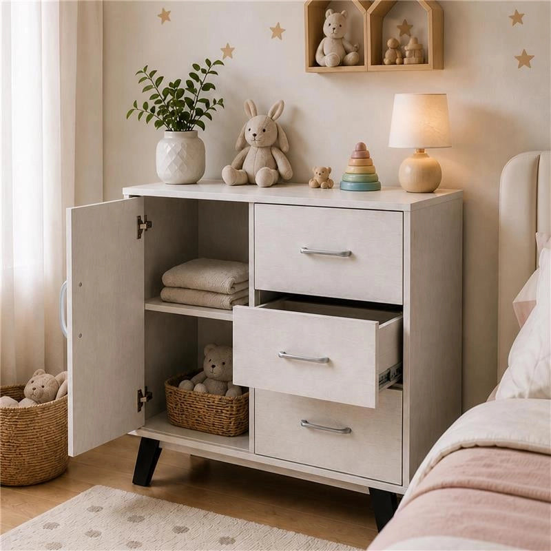 MOBILE MODERNO IN LEGNO CON 3 CASSETTI, 1 ANTA E PIANO D'APPOGGIO COLORE BIANCO DIMENSIONI 80X38X74 CM