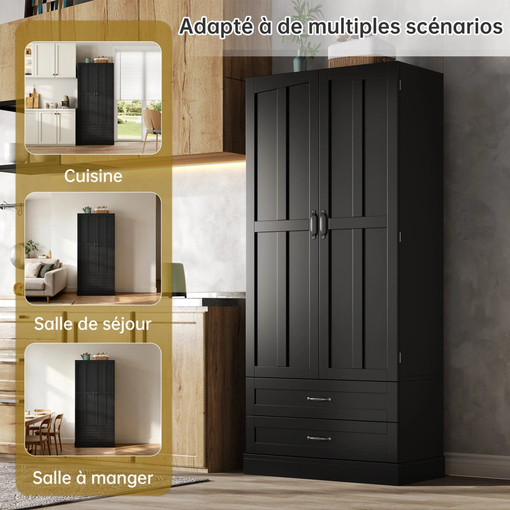 Dispensa da cucina alta con 3 ripiani estraibili; 2 cassetti e 2 ante; in MDF nero; 80 × 37.5 × 180 cm
