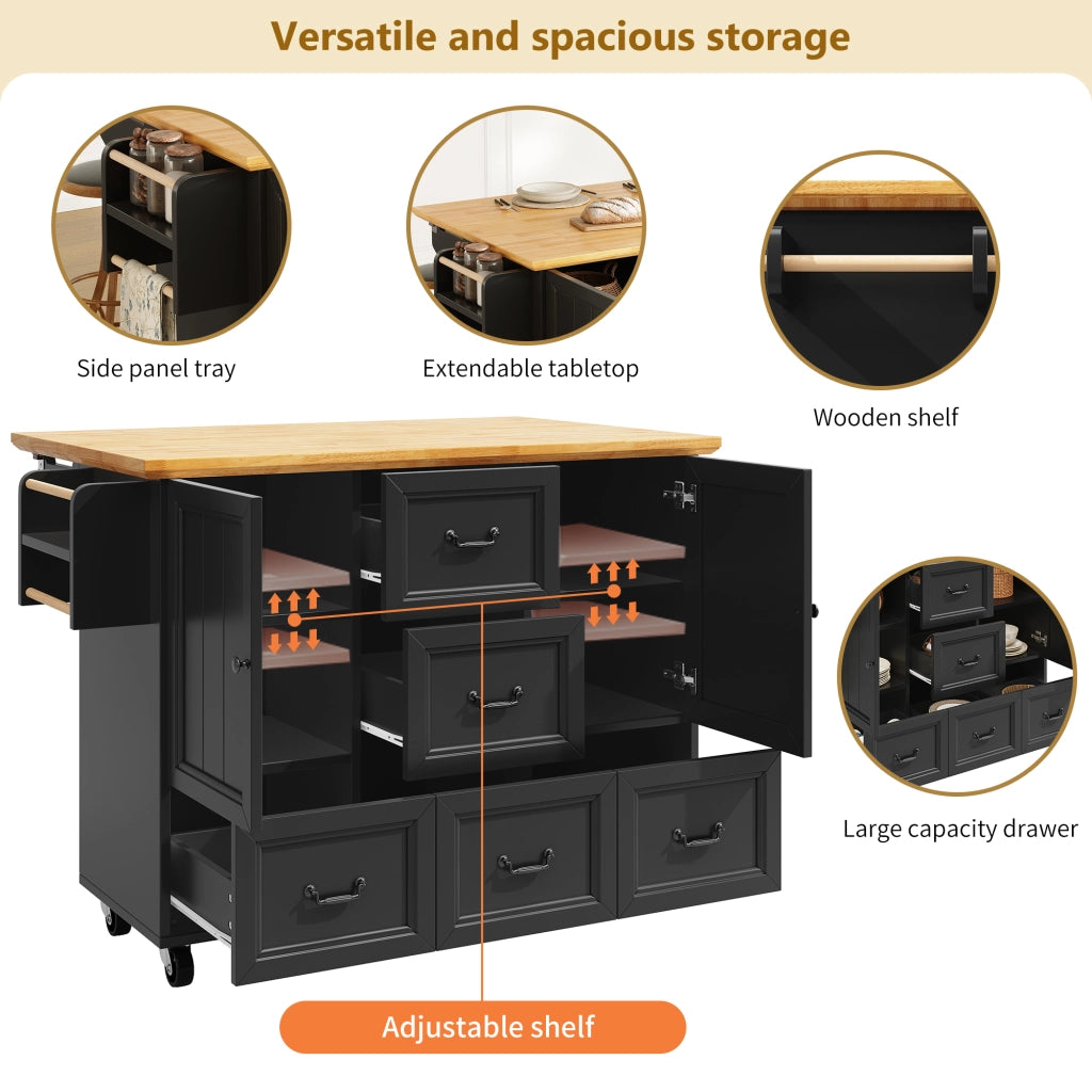 Isola da Cucina con 2 Ante; 5 Cassetti; Piano Ribaltabile; Ruote e Portasciugamani; in MDF e Metallo; Nero