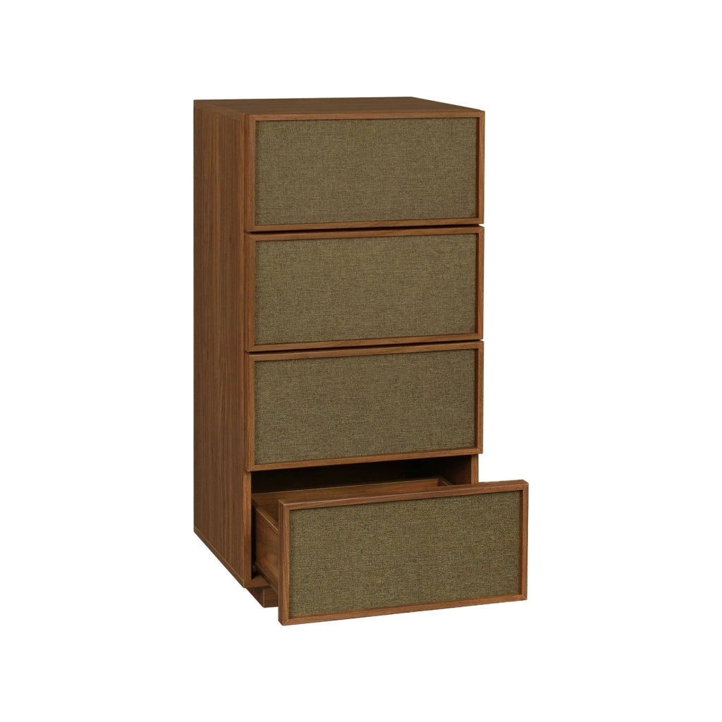 Cassettiera decorata in legno e tessuto 4 cassetti, noce