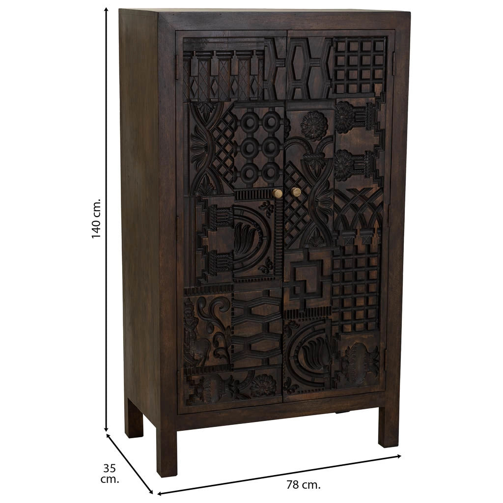 Armadio in legno intagliato rifinito artigianalmente a 2 ante marrone 78x35x140