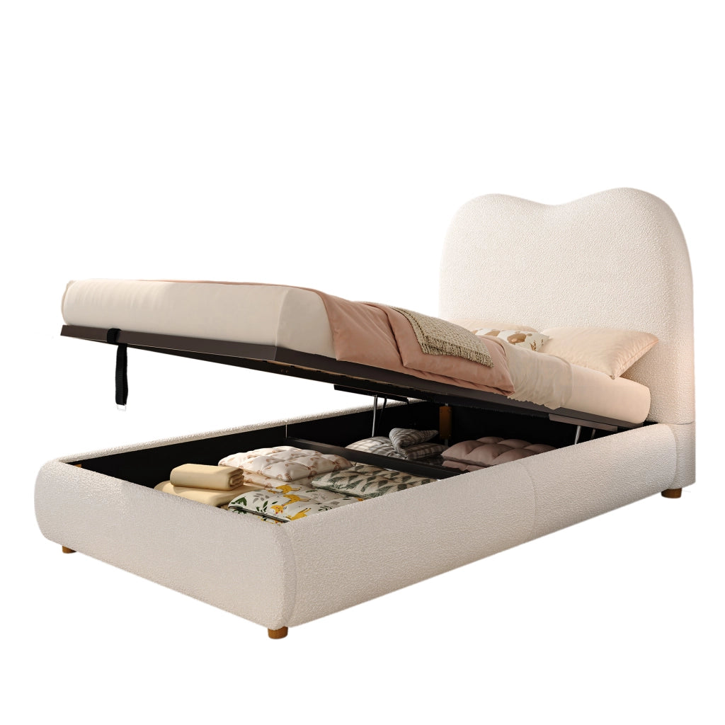 OKWISH Letto Contenitore 90×200 cm, Letto Singolo con Contenitore, Testiera Imbottita e Rete Inclusa, senza Materasso, Bouclé Beige
