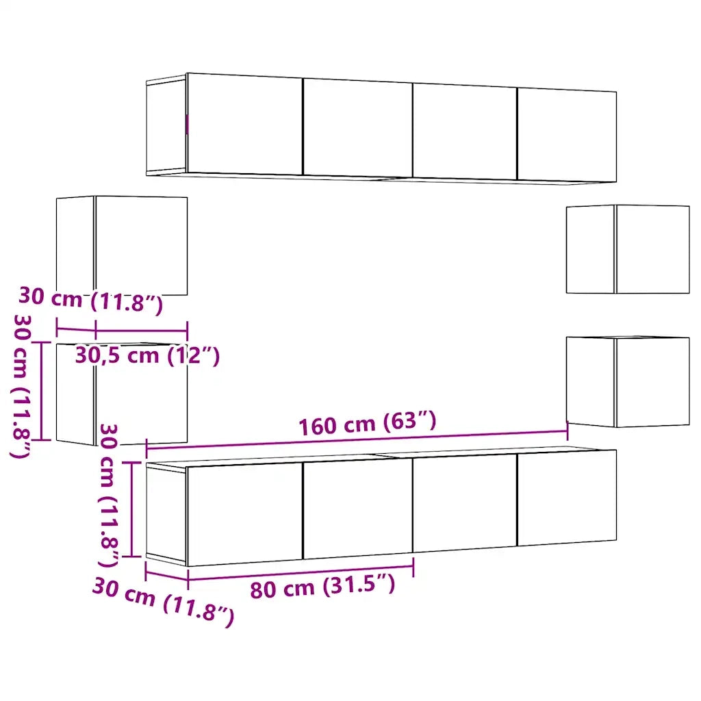 vidaXL Set Mobile TV 8 pz Montato a Parete Rovere in Legno Multistrato
