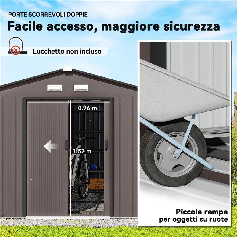CASETTA DA GIARDINO CON 2 PORTE SCORREVOLI E 4 PRESE D'ARIA IN ACCIAIO, 322X277X192 CM, MARRONE