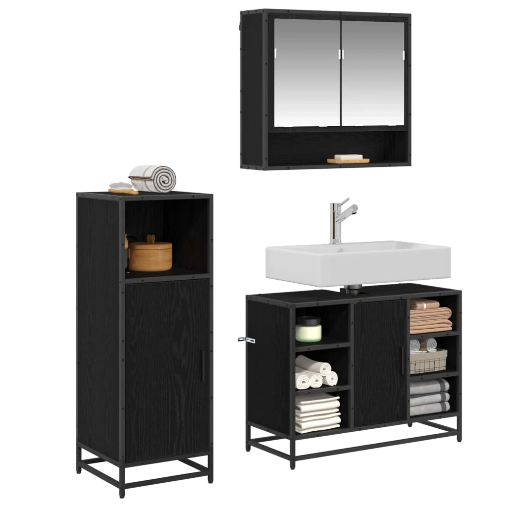 Set di mobili per il bagno 3 pcs Rovere Nero Legno multistrato