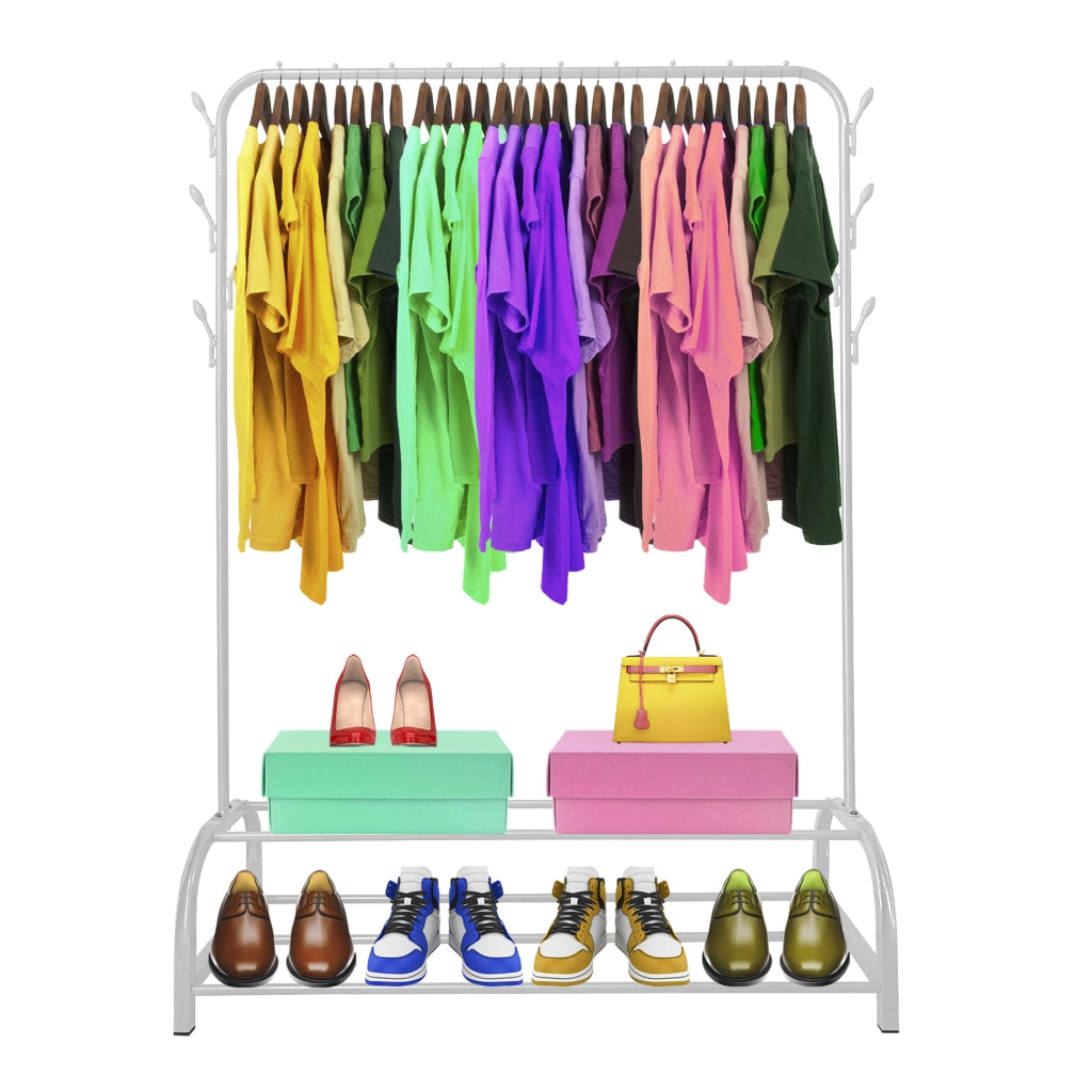 Appendiabiti Donkey Premium Rack a 2 supporti Nyana Home 158x110x39 cm, 1 barra appendiabiti, 8 ganci laterali, 2 ripiani inferiori Bianco.