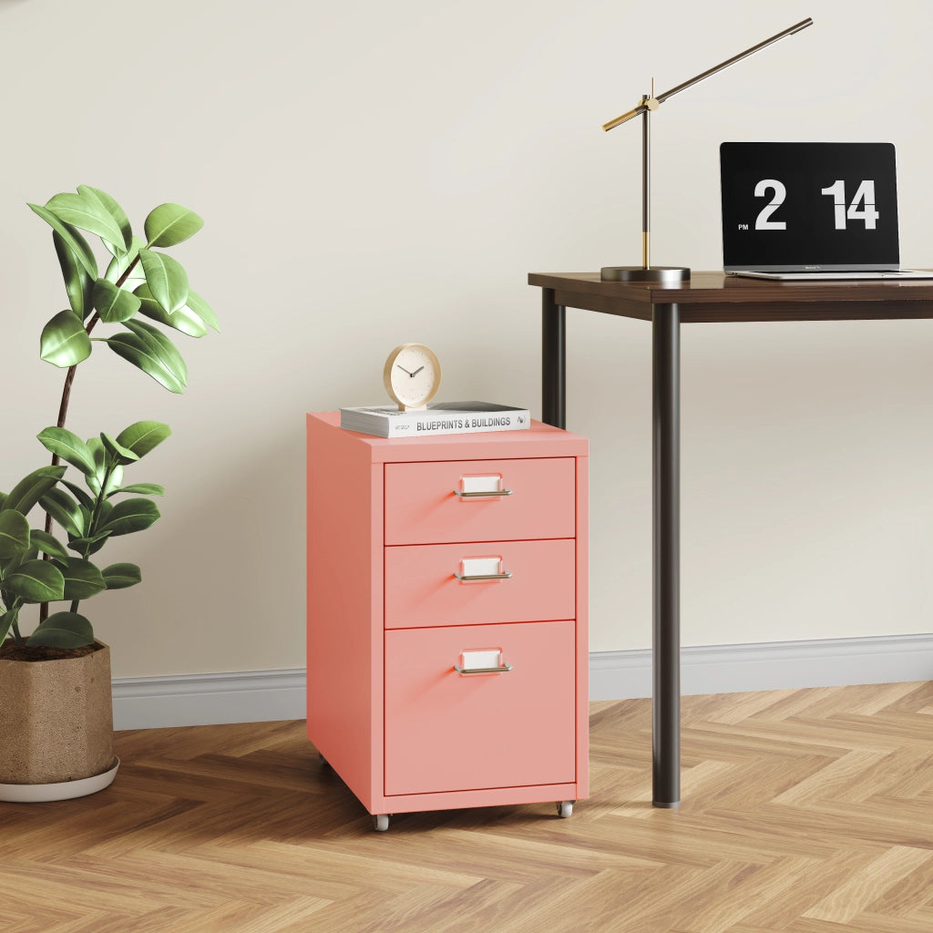 Cassettiera Kökar in Acciaio Mobile Archivio con 3 Cassetti e Rotelle - Rosa [en.casa]