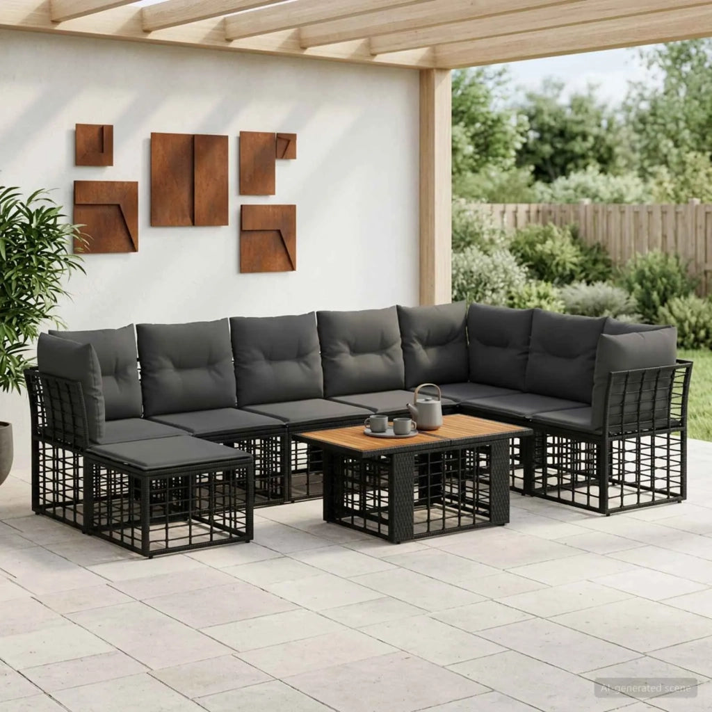Set Divano da Giardino 9 pz Nero e Grigio scuro polyrattan 3437895