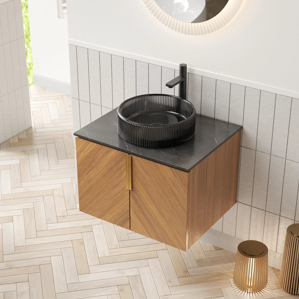 Mobile sottolavabo da bagno con lavabo rotondo in vetro nero, 2 ante e chiusura ammortizzata, nero e rovere 61 × 50 × 52,6 cm
