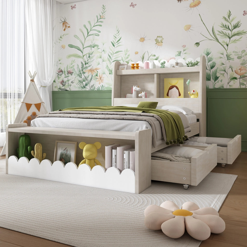 Letto singolo 90x190 cm con cassetti, mensole e contenitore, struttura in legno, bianco e rovere