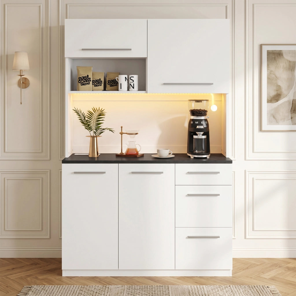 Credenza e madia con LED, 2 prese e USB-A e USB-C, ripiani regolabili, per sala da pranzo, bianco, 120 × 40 × 180 cm